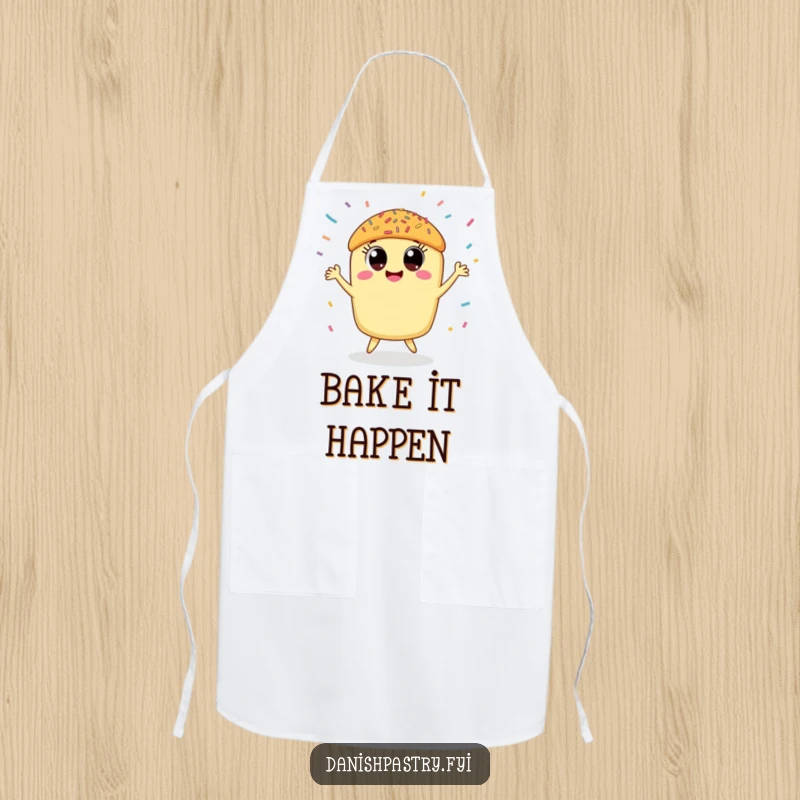 Funny pastry apron with a smiling pastry doing a happy dance under a rain of sprinkles, adding fun to kitchen tasks.