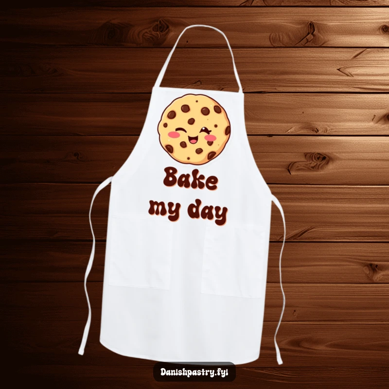 Funny kitchen apron featuring a giggling chocolate chip cookie giving a cheeky wink, adding humor to cooking and baking.