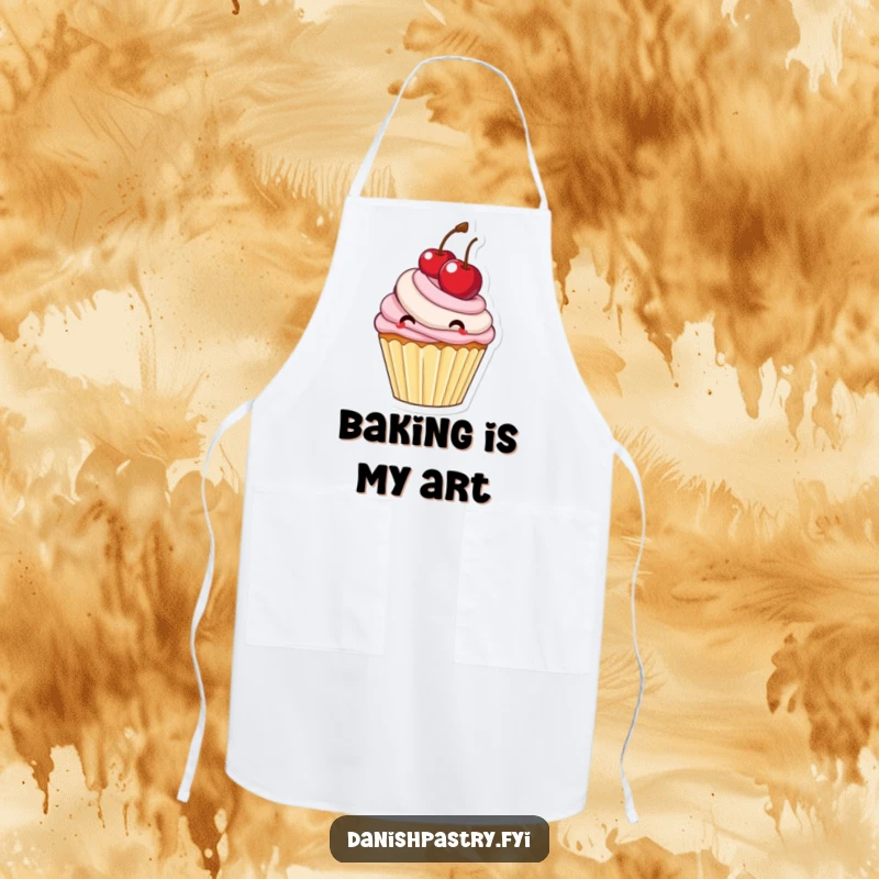 Funny cupcake with frosting bouncing a large cherry, a sweet and protective apron for bakers.