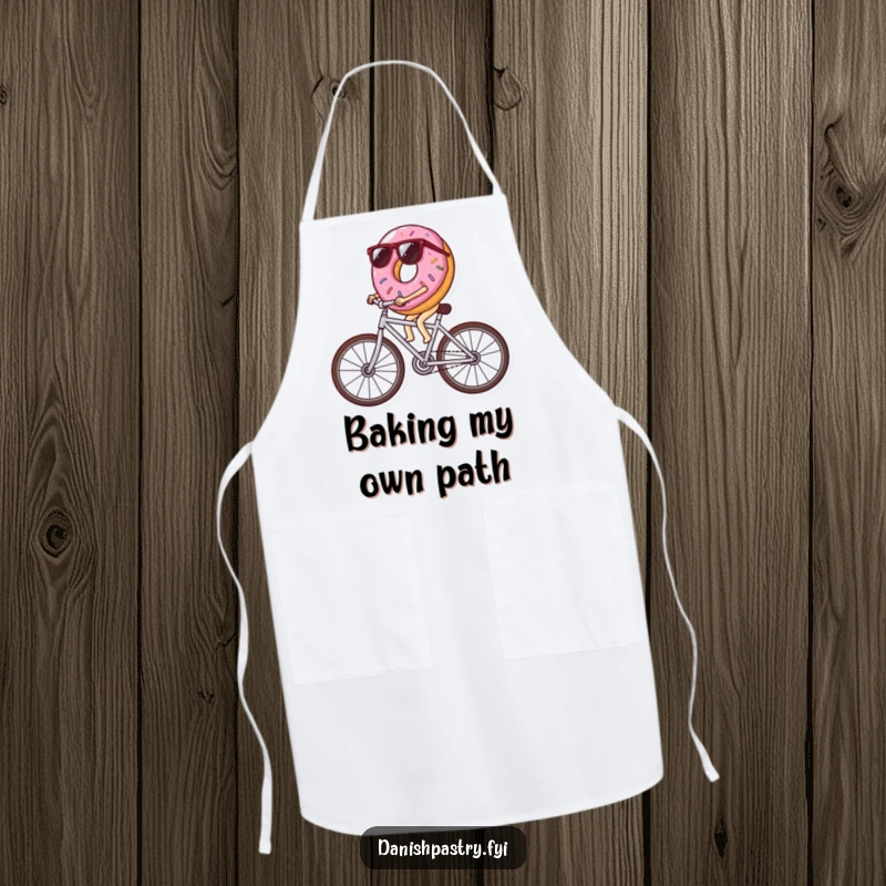 Funny donut wearing sunglasses riding a bicycle made of icing streaks, a humorous and functional apron for kitchen fun.