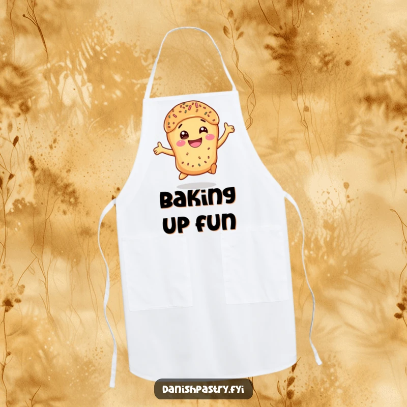 Funny Danish Pastry Leap Apron showcasing a smiling, leaping pastry with sprinkles, perfect for a humorous baker.