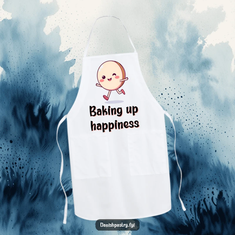 Funny apron featuring a smiling macaron character skipping happily, ideal for baking with a side of sweet, cheerful fun.
