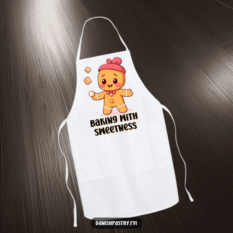 Funny cheerful gingerbread man character juggling sugar cubes, on a baking apron, making cooking fun and sweet.
