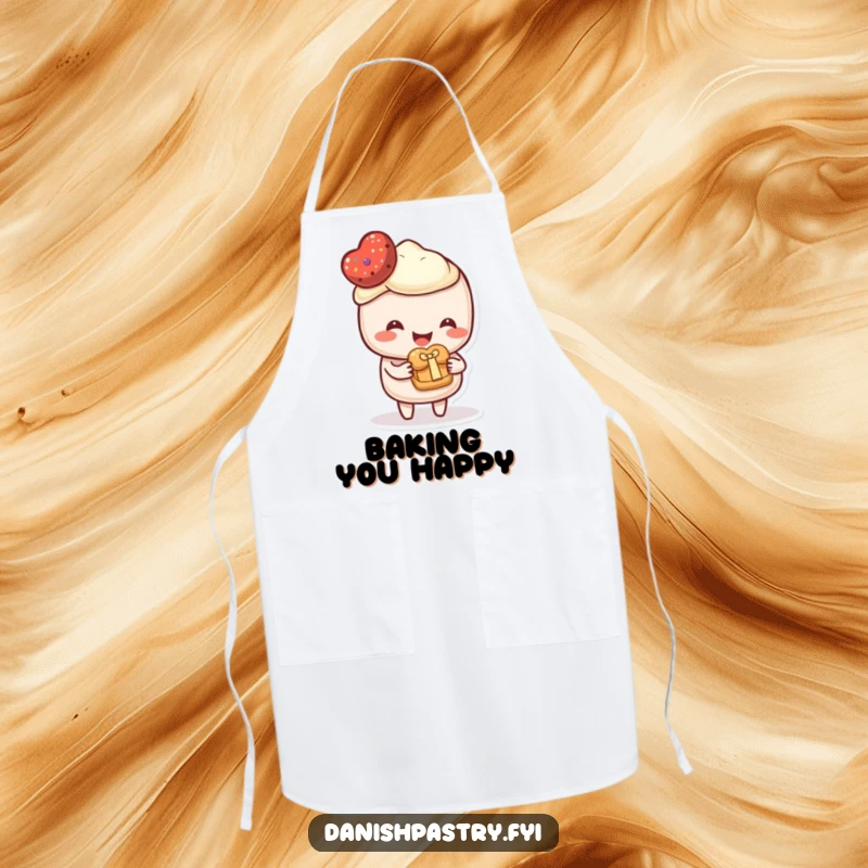 Funny Apron with a happy pastry character offering a miniature pastry as a gift. A sweet and humorous accessory for the kitchen.