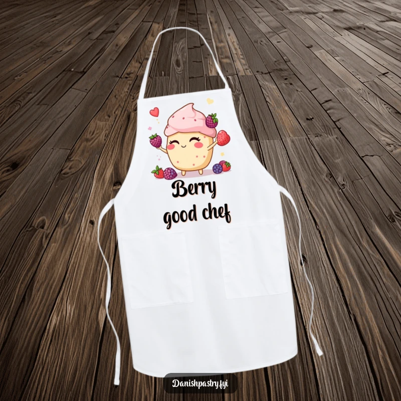 Funny muffin winking and juggling berries, printed on a functional apron, perfect for chefs who enjoy a playful laugh.