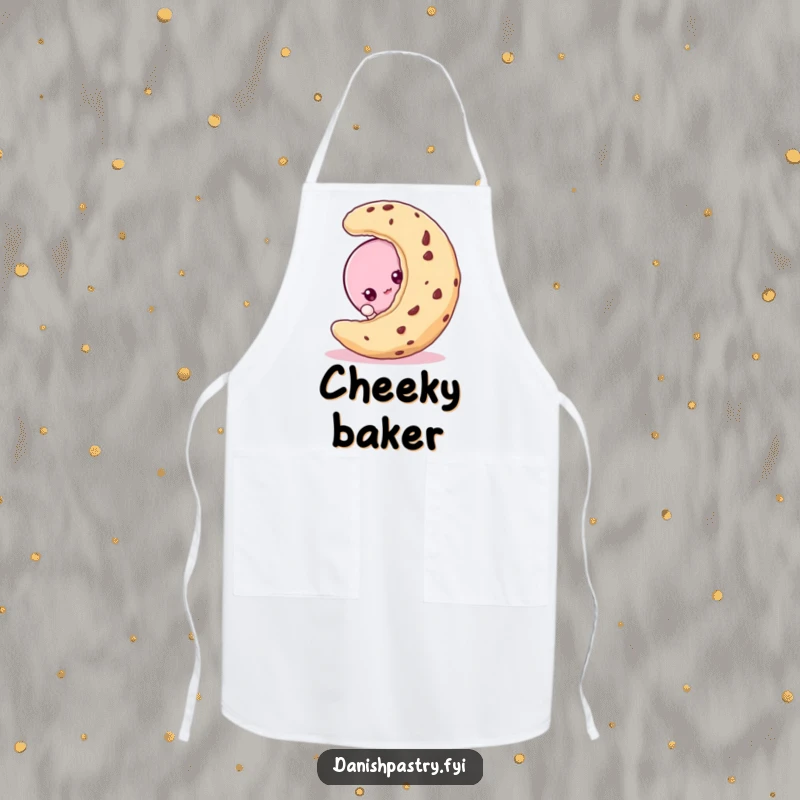 Funny macaroon character peeking from behind a cookie, on a curious and hilarious dessert-themed apron.