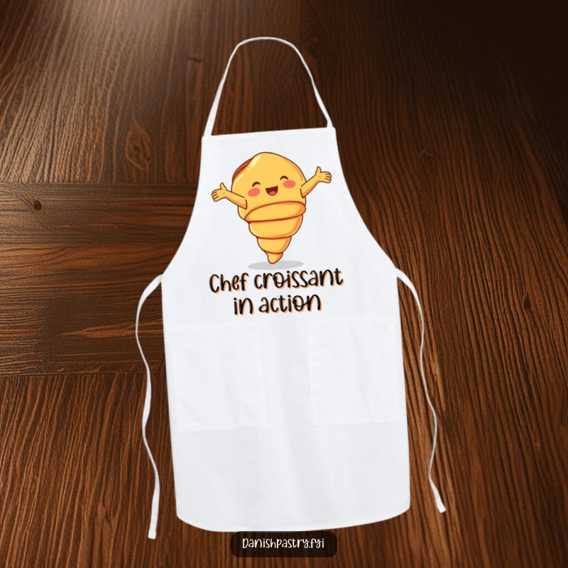 Funny Apron showing a smiling croissant doing a joyful cartwheel, for humorous and fun kitchen activities.