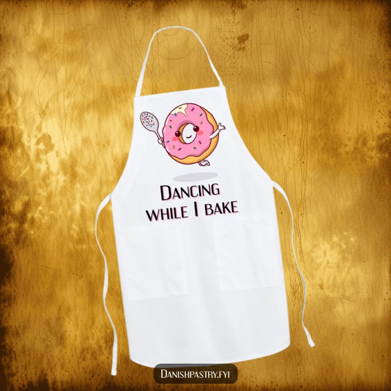 Funny apron featuring a smiling donut character dancing with a sprinkle-covered spoon, perfect for a fun cooking session.
