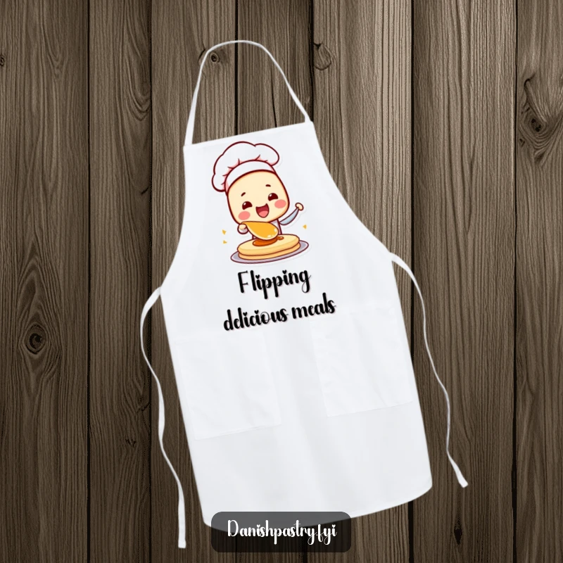 Funny Danish Pastry Chef Apron featuring a character flipping a pancake with excitement, perfect for humorous kitchen adventures.