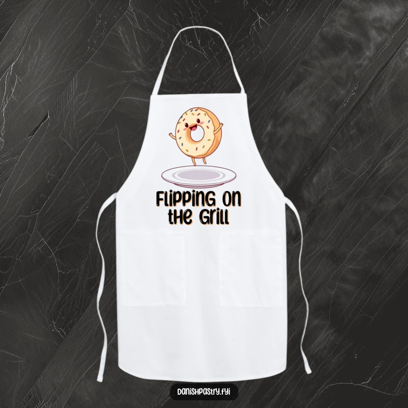 Funny Apron: A cheerful donut with sprinkles performs a cartwheel on a plate, bringing playful energy to the kitchen.