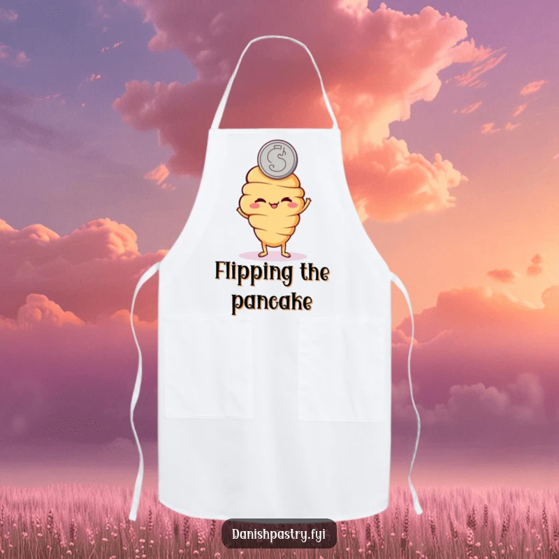 Funny apron featuring a mischievous croissant character flipping a coin, perfect for a fun cooking experience.