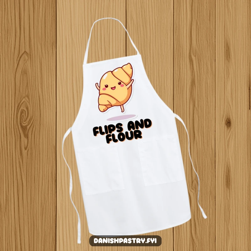 Funny croissant in a spirited cartwheel, printed on a functional apron, perfect for chefs who enjoy a good laugh.