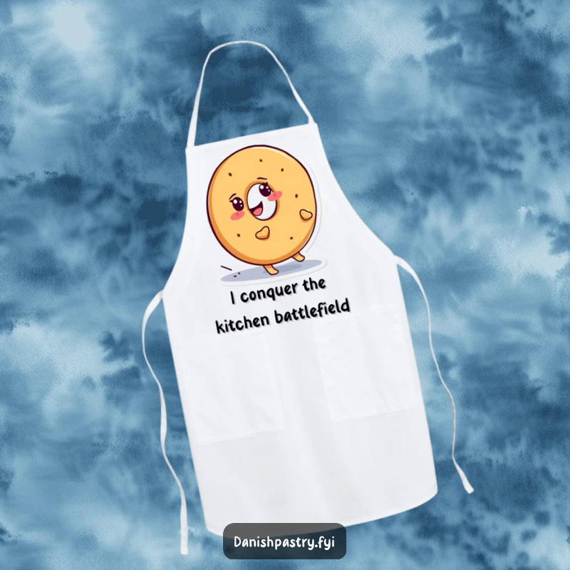 Funny bagel apron, a smiling character determinedly waddling uphill, perfect for determined bakers.