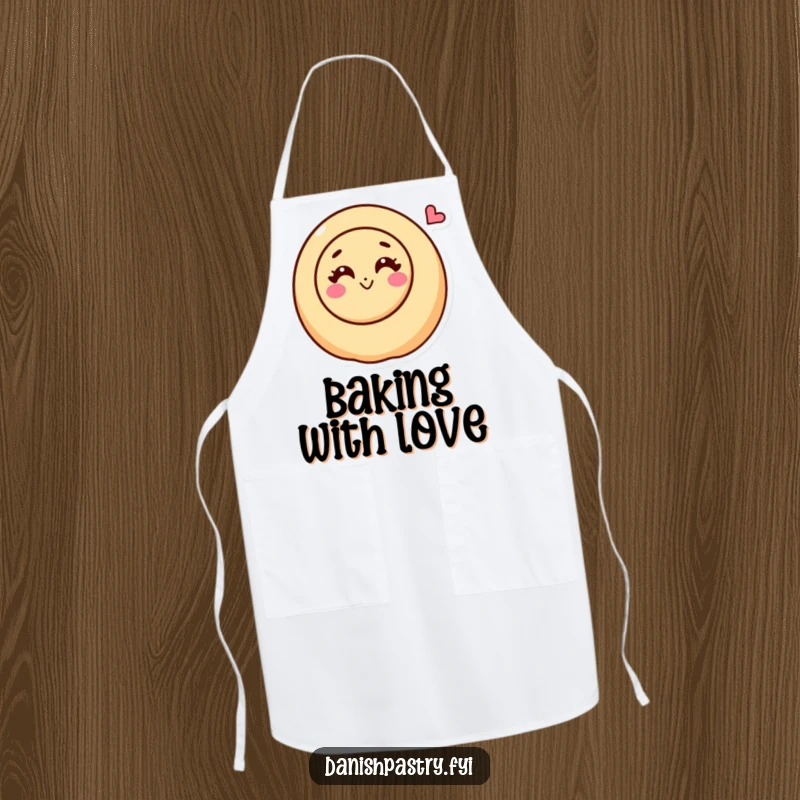 Funny cinnamon roll character with a happy swirl blowing a kiss on an apron, a sweet kitchen essential.