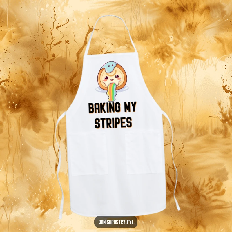 Funny cinnamon roll apron with icing sliding down a rainbow, ideal for kitchen humor and sweet baking.