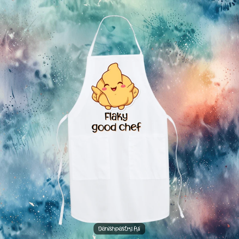 Funny croissant apron, a happy pastry character joyfully unfolding its flaky layers, perfect for cheerful baking.