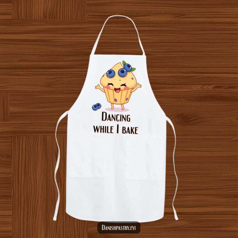 Funny apron showcasing a winking muffin with blueberries, happily dancing, designed for kitchen protection with a side of sweet, whimsical humor.
