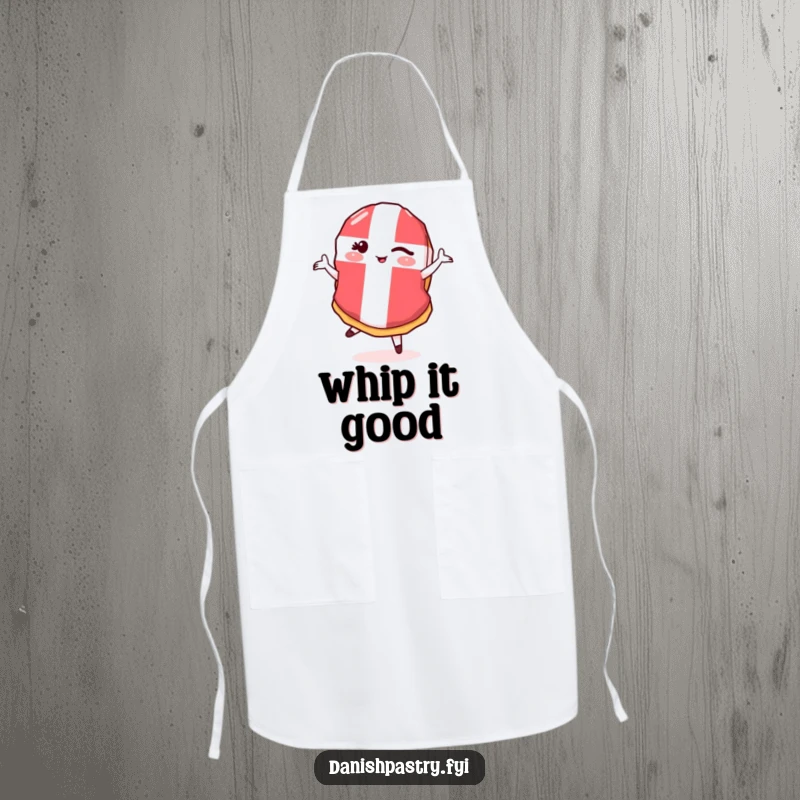 Funny Danish Flag Pastry Pirouette Apron showcasing a winking pastry doing a pirouette, perfect for a humorous baker.