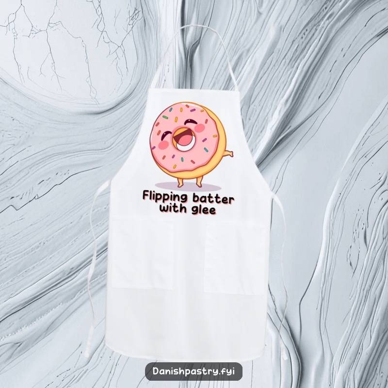 Funny apron showcasing a laughing donut with sprinkles, in the midst of a somersault, perfect for chefs who enjoy humor.