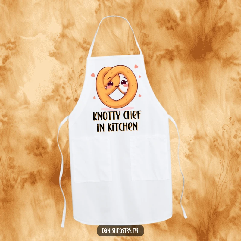 Funny apron featuring a happy pretzel character twisting playfully, ideal for kitchen duties with a side of snack-inspired cheer.