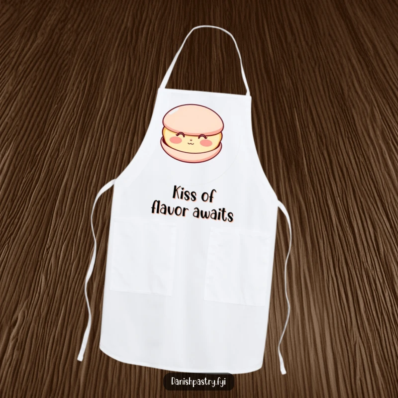 Funny apron showcasing a happy macaron with rosy cheeks, blowing a kiss, ideal for bakers who love sweet designs.