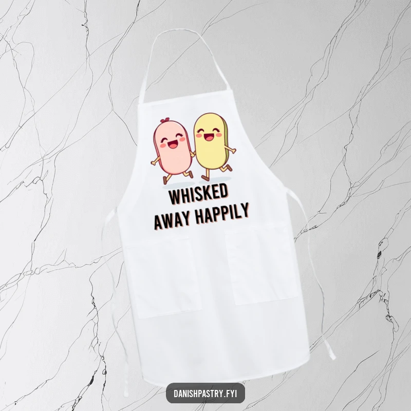 Funny kitchen apron featuring a delightful pair of macarons holding hands and skipping, adding joy to baking.