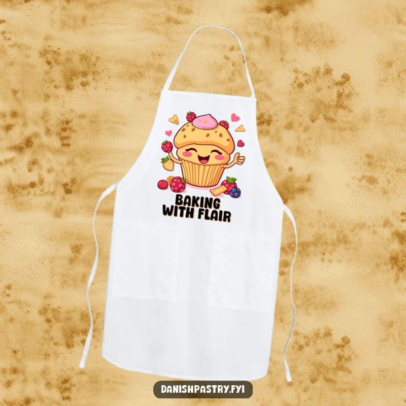 Funny Apron: A happy muffin with chips winks while juggling berries, bringing playful energy to the kitchen.