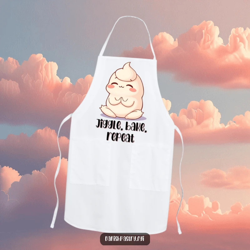 Funny kitchen apron featuring a wobbly panna cotta in a concentration-filled yoga pose, adding humor to cooking.