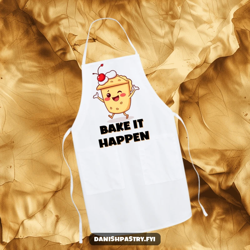 Funny pie character doing a silly dance, cherry on top, on a hilarious dessert-themed apron for cooks.