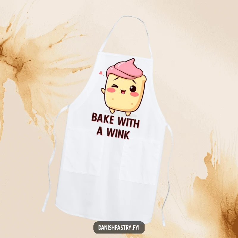 Funny scone character shrugging playfully with a wink, on a hilarious dessert-themed apron.