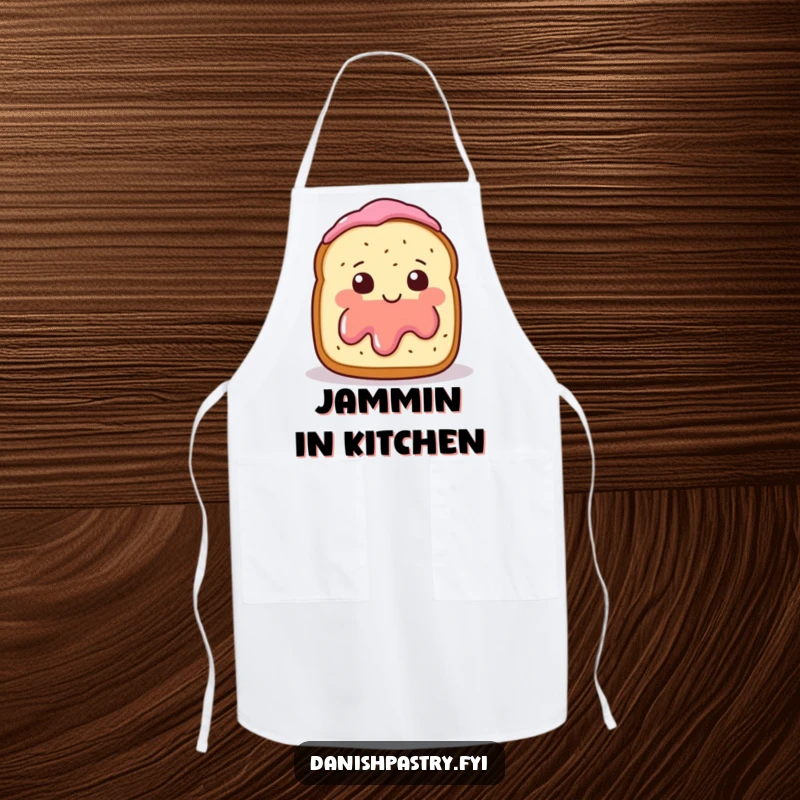 Funny Apron decorated with a smiling scone and jam, blushing and waving shyly, for culinary humor.