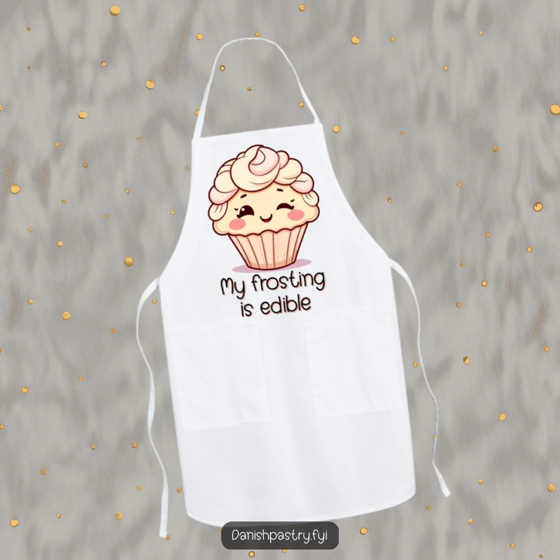 Funny apron showing a cheerful cupcake with frosting hair, playfully winking, ideal for bakers who love humor in the kitchen.