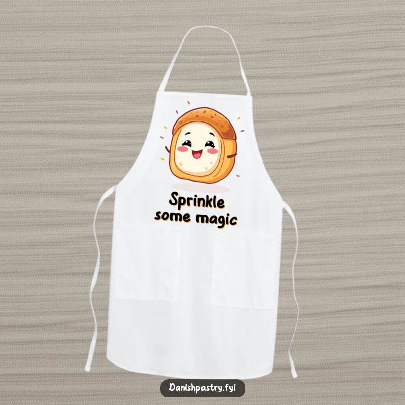 Funny Danish pastry apron, a grinning character energetically wiggling with sprinkles flying, perfect for cheerful baking.