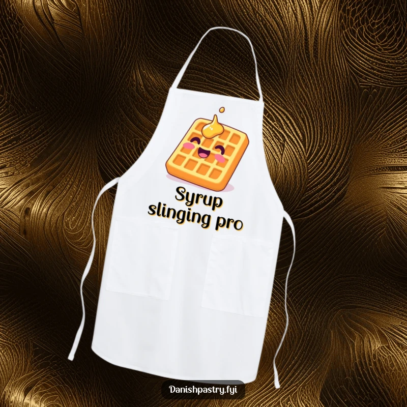Funny waffle apron featuring a delighted character grinning upside down with syrup, ideal for kitchen humor.