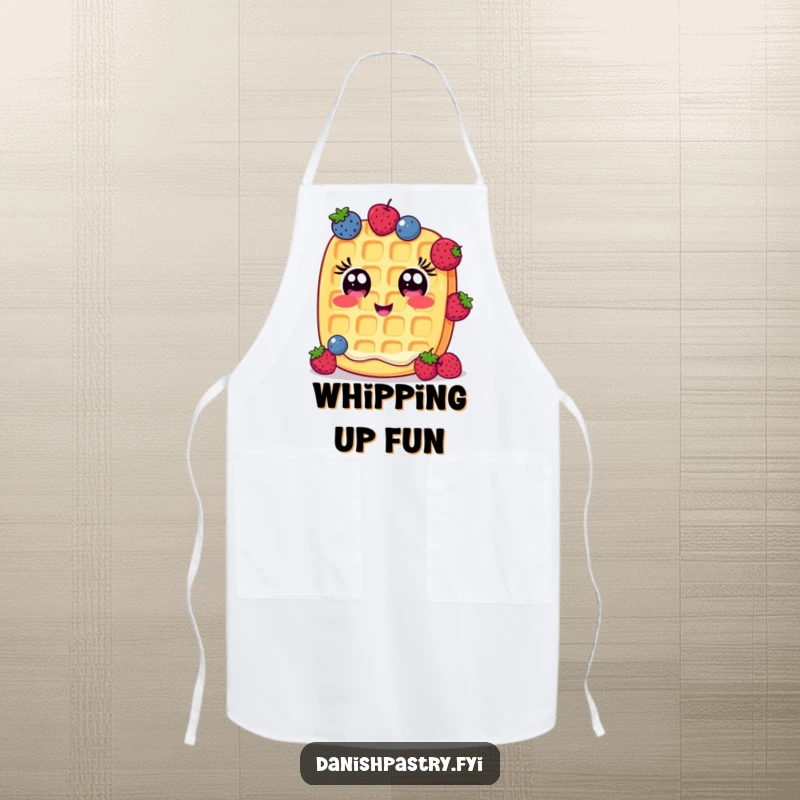 Funny Apron: A cheerful waffle with wide eyes humorously juggles small berries, a fun and protective kitchen accessory.