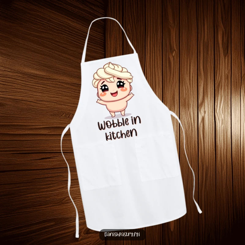 Funny smiling Danish with whipped cream hair doing a silly wobble with glee, a humorous and practical apron for kitchen adventures.