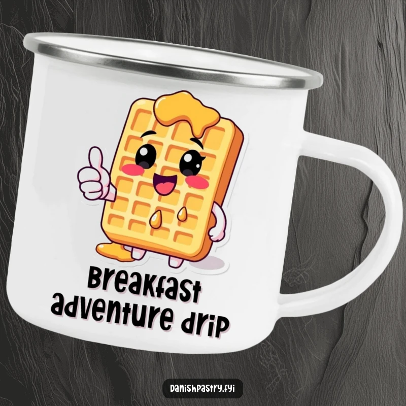 Funny Waffle Camping Mug with dripping syrup giving a thumbs-up, great for outdoor drinks and humorous vibes.
