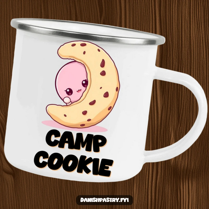 Funny macaroon character peeking from behind a cookie, on a durable and hilarious dessert camping mug.