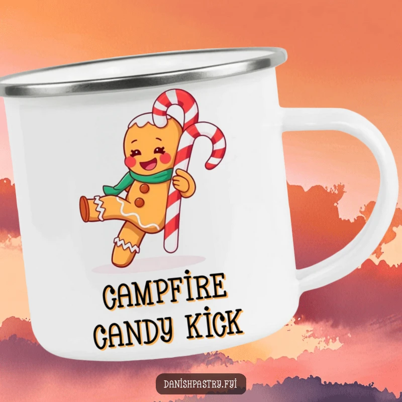 Funny camping mug with a gleeful gingerbread man kicking a candy cane, designed for holiday enjoyment outdoors.
