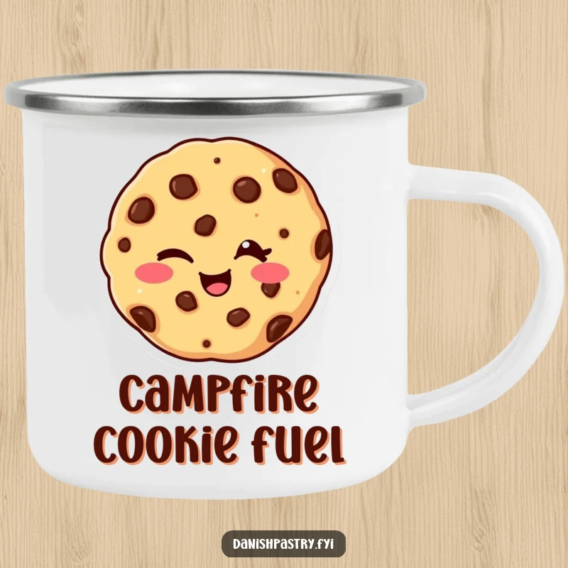 Funny and sturdy camping mug featuring a giggling chocolate chip cookie winking, ideal for outdoor use and a humorous touch.