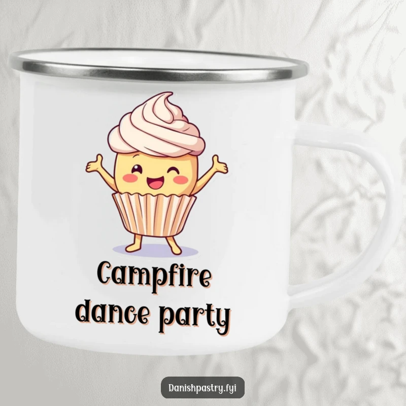 Funny Camping Mug: A delighted cupcake with frosting dances playfully, celebrating fun and sweetness on the go.