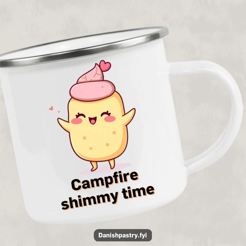 Funny camping mug featuring a giddy scone character doing a little shimmy, designed for outdoor enjoyment and baking-themed fun.