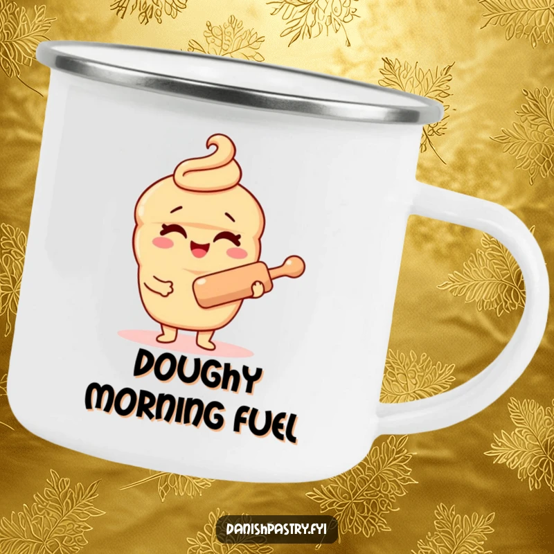 Funny Danish pastry camping mug, winking with a rolling pin, designed for outdoor enjoyment and adding a touch of baking humor to trips.