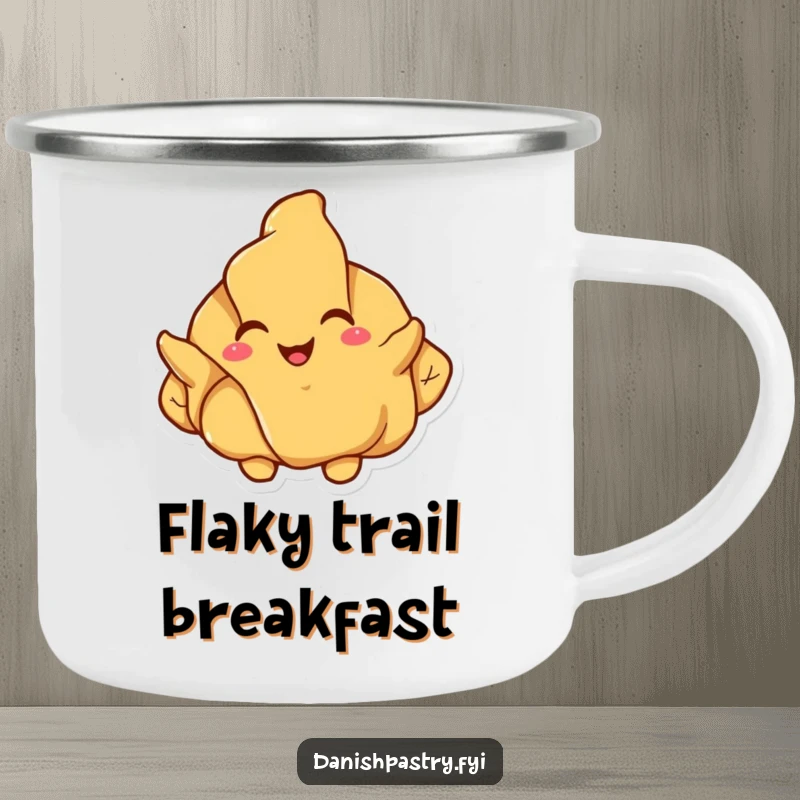 Funny croissant camping mug, a happy pastry character joyfully unfolding its flaky layers, perfect for cheerful outdoor sipping.