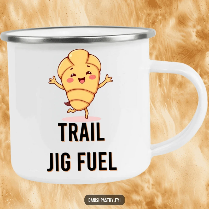 Funny almond croissant camping mug, doing a happy jig, designed for outdoor enjoyment and bringing pastry-themed joy and cheer to trips.