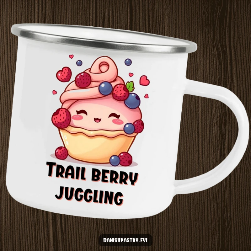 Funny camping mug showing a blushing pastry character juggling delicious berries, ideal for outdoor enjoyment and humor.