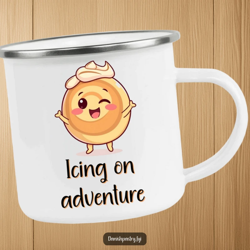 Funny cinnamon roll camping mug, a smiling pastry character dancing with dynamic icing swirls, for sweet outdoor enjoyment.