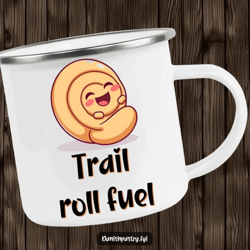 Funny Cinnamon Roll Roll Camping Mug with a laughing cinnamon roll rolling, ideal for humorous outdoor sipping.