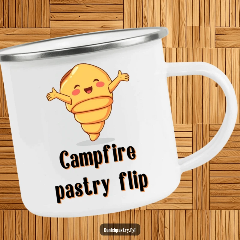 Funny Camping Mug with a smiling croissant doing a joyful cartwheel, perfect for outdoor humor.