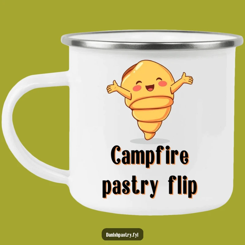 Funny Croissant Camping Mug - Smiling Pastry Cartwheeling, Joyful Outdoor Gift